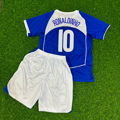 Ronaldinho #10 Brazil 2004 Blue Away Kids Kit Retro Football Jersey Collection