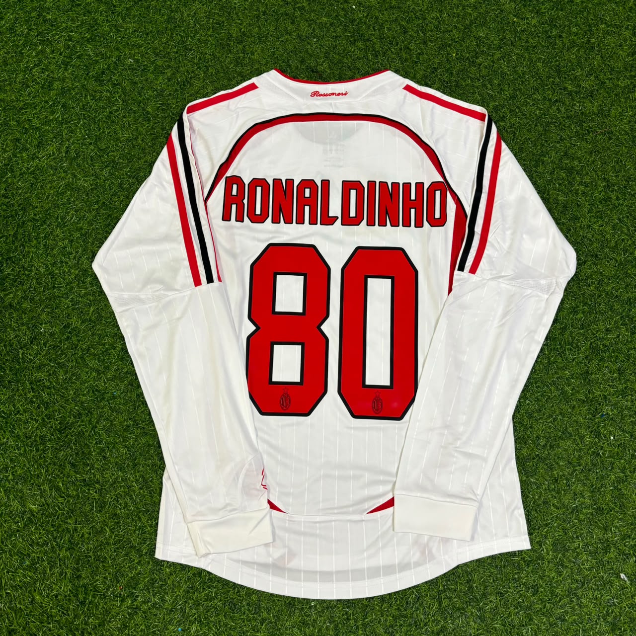 Ronaldinho Gaucho #80 AC Milan Away White Long Sleeve Retro Football Jersey