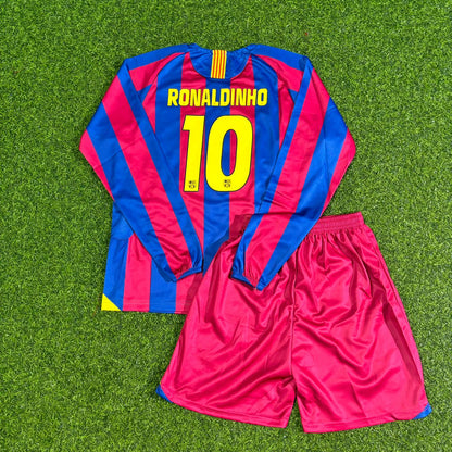 Ronaldinho Gaúcho Barcelona 2005-2006 Long Sleeve Kids Retro Football Jersey Kit