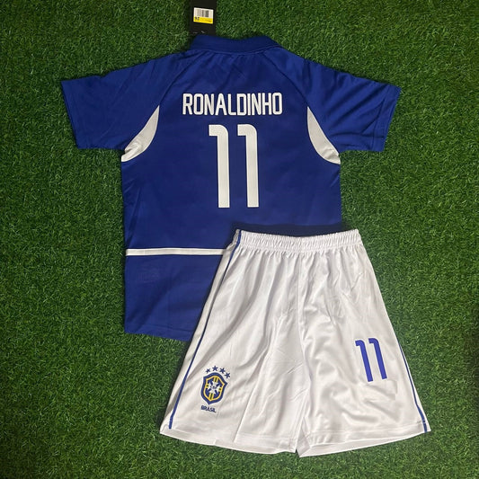 Ronaldinho Brazil 2002 Away Kids Kit – Kit Jersey for Children – | KinderTrikot | Maillot Enfant