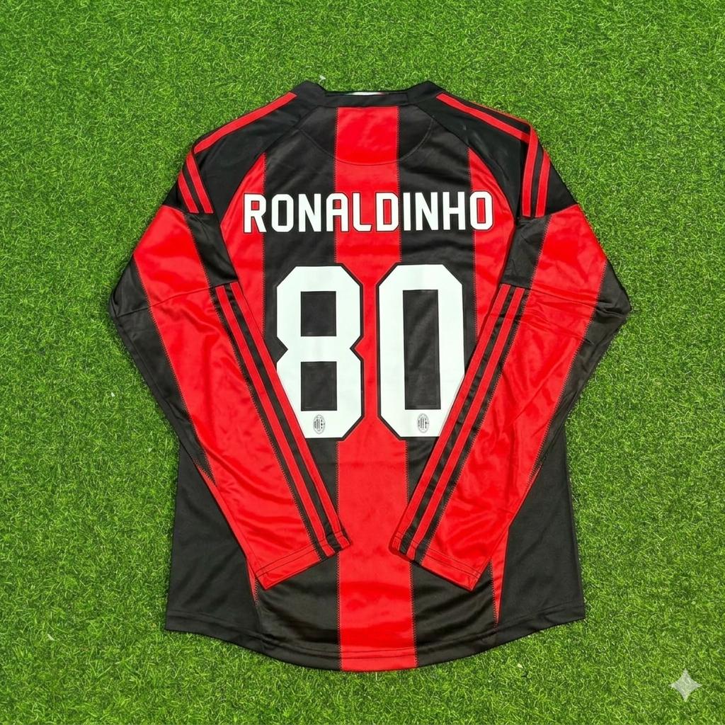Ronaldinho Gaucho AC Milan 2010-2011 Home Log Sleeve Retro Football Jersey Kit