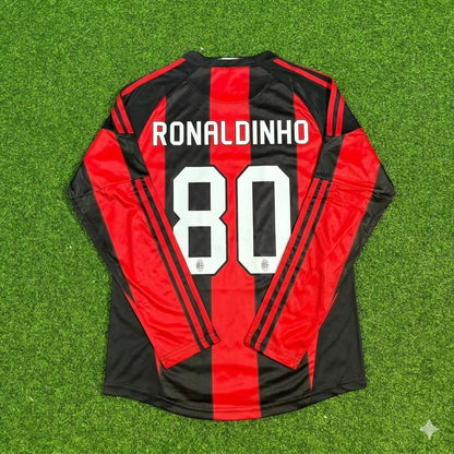 Ronaldinho Gaucho AC Milan 2010-2011 Home Log Sleeve Retro Football Jersey Kit