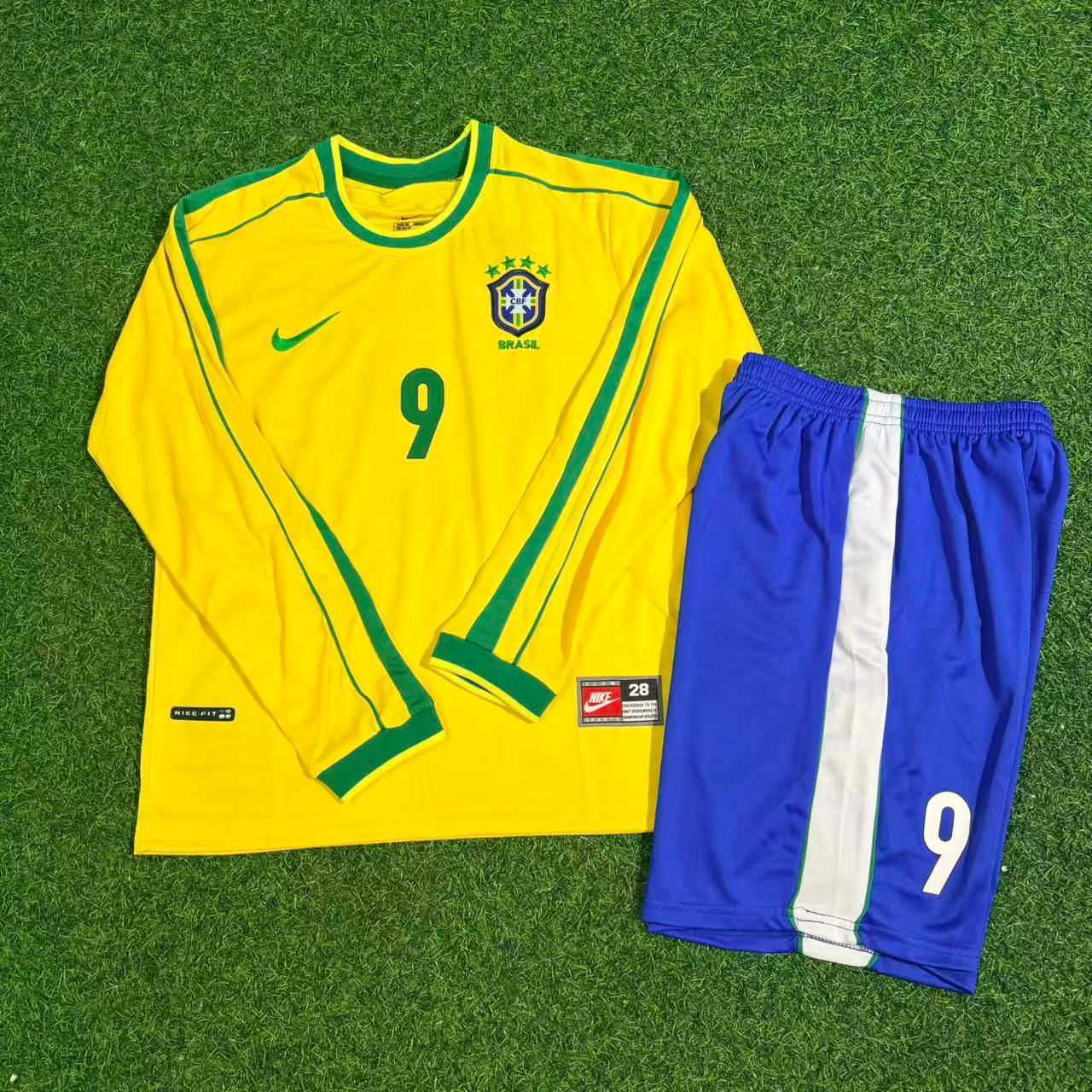 Ronaldo Nazario Brazil 1998 Kids Long Sleeve Retro Football Jersey Kit