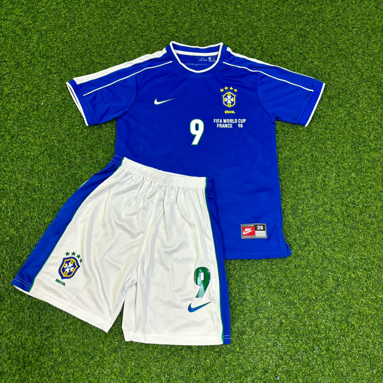 Brazil World Cup 1998 Ronaldo Nazario #9 Retro Kids Soccer Football Jersey Kit Kinder