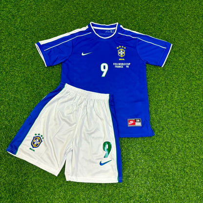 Brazil World Cup 1998 Ronaldo Nazario #9 Retro Kids Soccer Football Jersey Kit Kinder