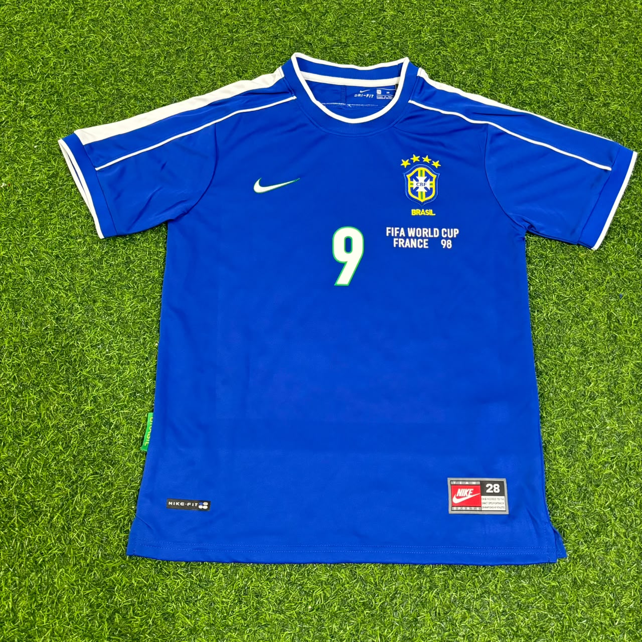 Brazil World Cup 1998 Ronaldo Nazario #9 Retro Kids Soccer Football Jersey Kit Kinder
