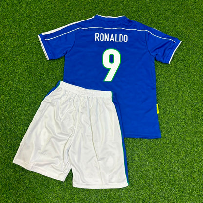 Brazil World Cup 1998 Ronaldo Nazario #9 Retro Kids Soccer Football Jersey Kit Kinder