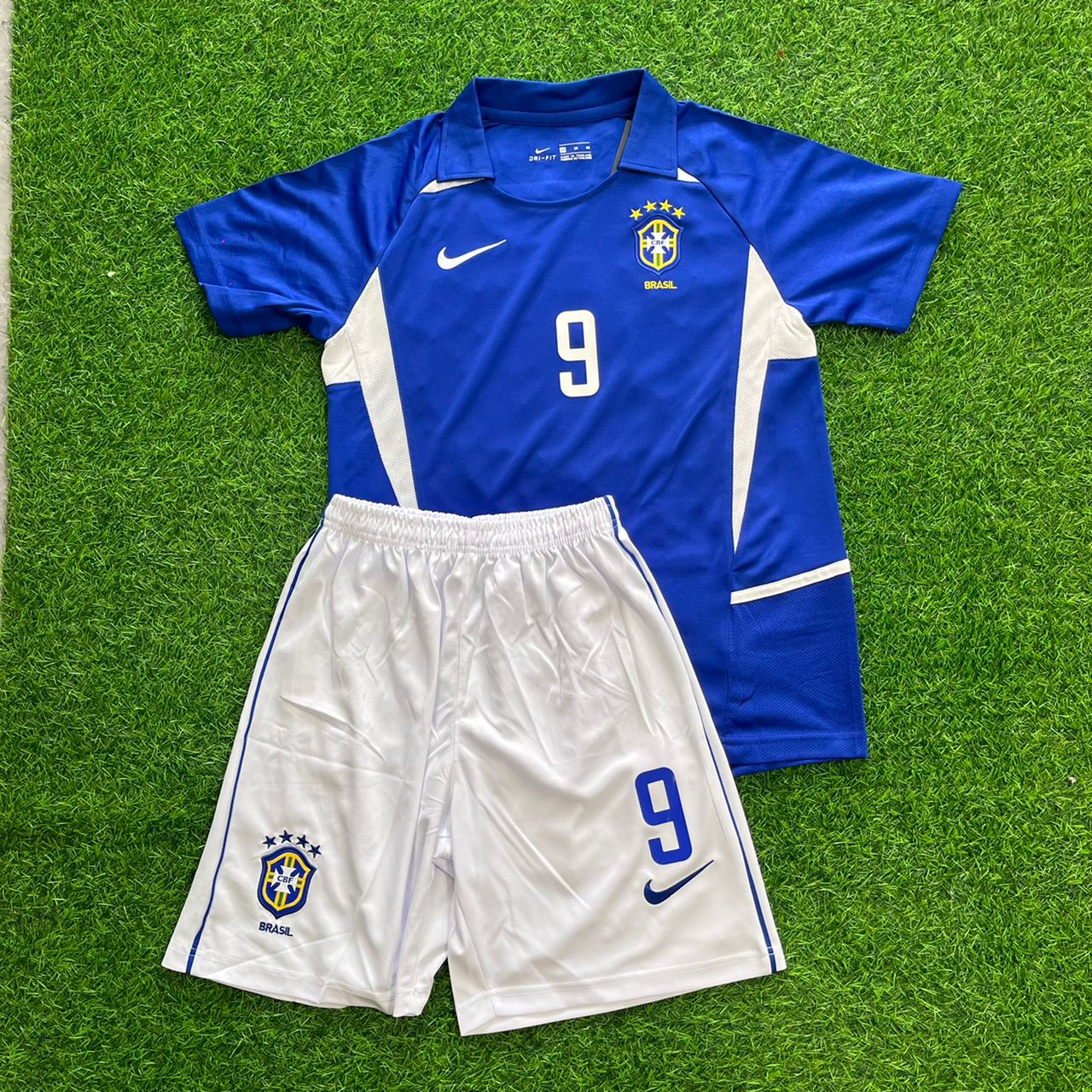 Brazil World Cup 2002 Ronaldo Nazario Retro Away Blue Kids Football Jersey Kinder
