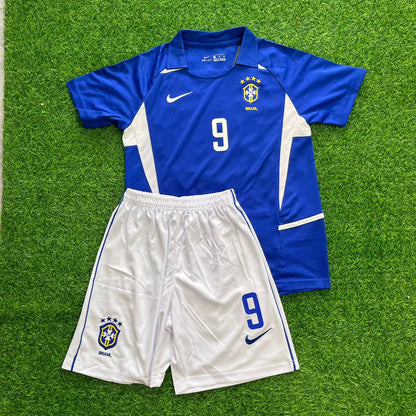 Brazil World Cup 2002 Ronaldo Nazario Retro Away Blue Kids Football Jersey Kinder