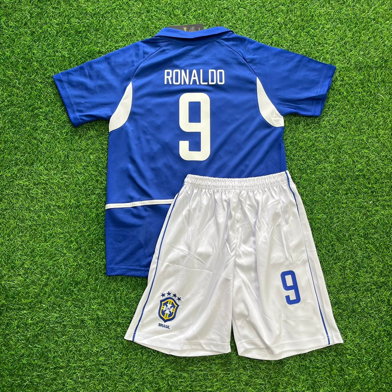 Brazil World Cup 2002 Ronaldo Nazario Retro Away Blue Kids Football Jersey Kinder