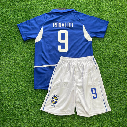 Brazil World Cup 2002 Ronaldo Nazario Retro Away Blue Kids Football Jersey Kinder
