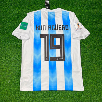 Argentina World Cup 2018 Sergio Kun Agüero #19 Home Retro Football Jersey