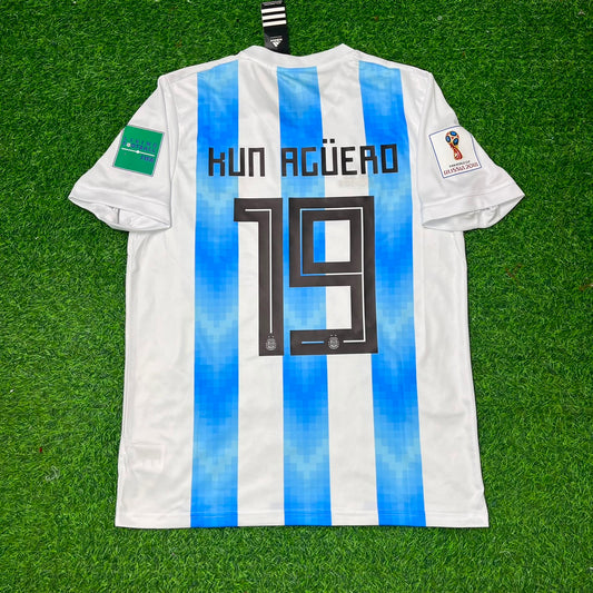 Argentina World Cup 2018 Sergio Kun Agüero #19 Home Retro Football Jersey