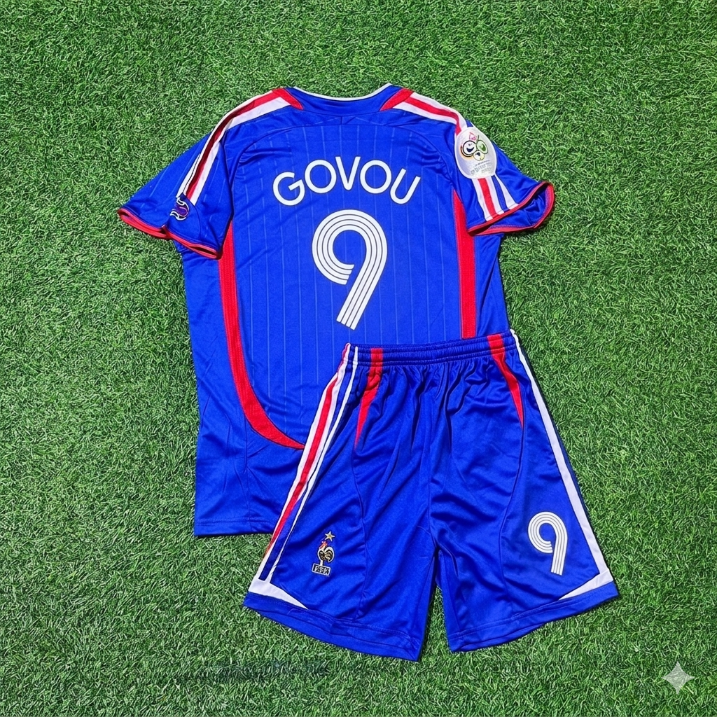 France World Cup 2006 Sidney Govou #9 Kids Blue Retro Football Jersey Kit