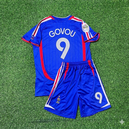 France World Cup 2006 Sidney Govou #9 Kids Blue Retro Football Jersey Kit