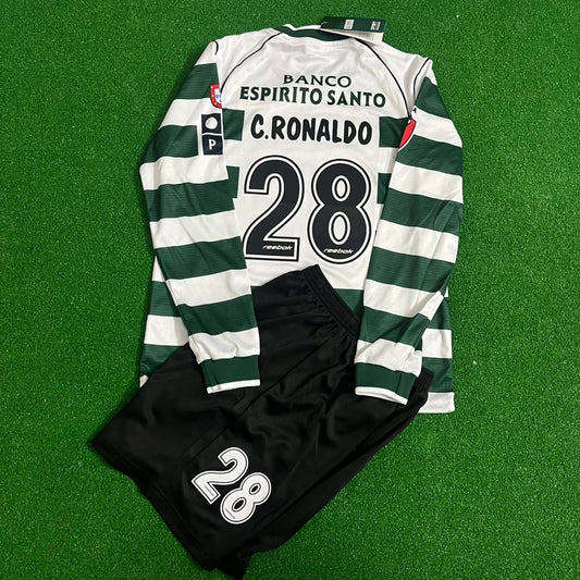 Sporting Cristiano Ronaldo Lisbon First Season Long Sleeve Retro Kids Jersey Soccer Kit