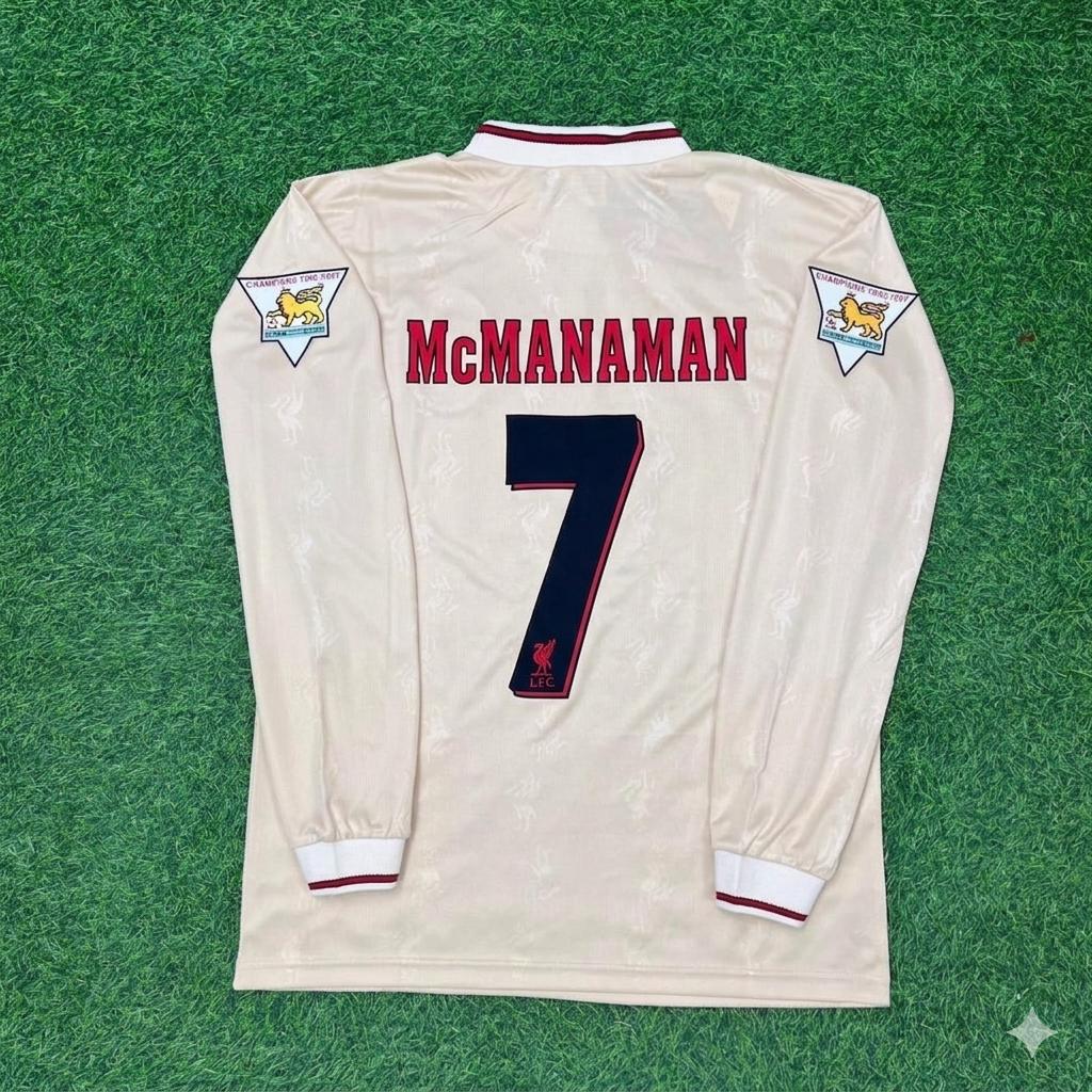 Steve McManaman Liverpool 1996 1997 Retro Away White Long Sleeve Football Jersey