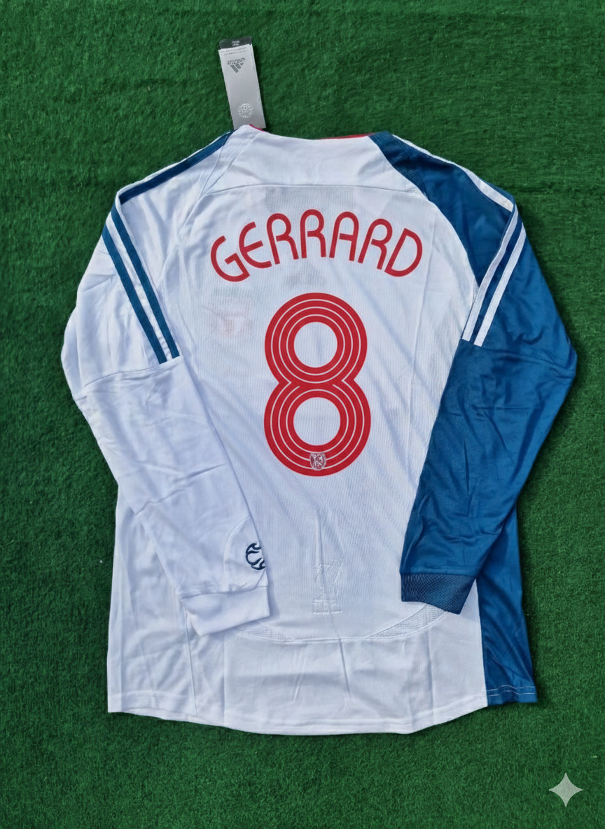 Steven Gerrard Liverpool 2007 White Blue Long Sleeve Retro Football Jersey