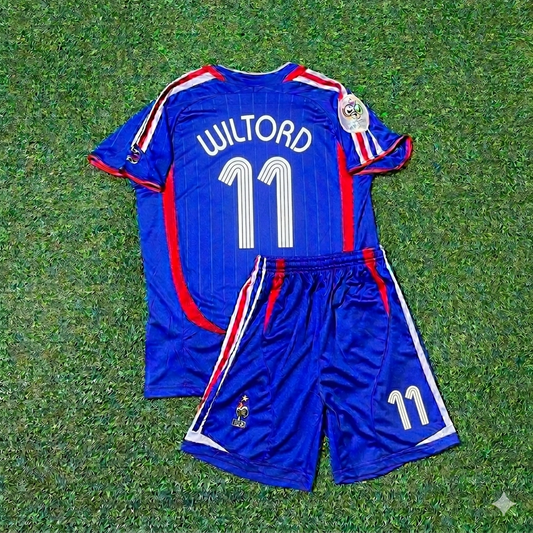 France World Cup 2006 Sylvain Wiltord #11 Kids Blue Retro Football Jersey Kit
