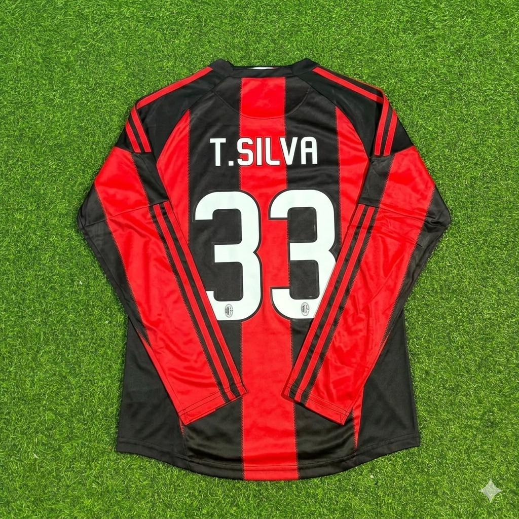 Thiago Silva AC Milan 2010-2011 Home Log Sleeve Retro Football Jersey Kit