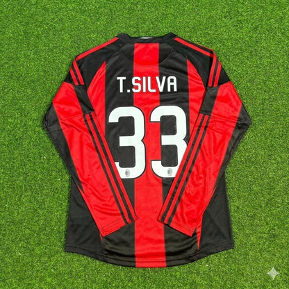 Thiago Silva AC Milan 2010-2011 Home Log Sleeve Retro Football Jersey Kit