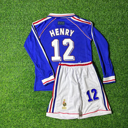 France World Cup 1998 Thierry Henry Long Sleeve Kids Retro Football Jersey Kit