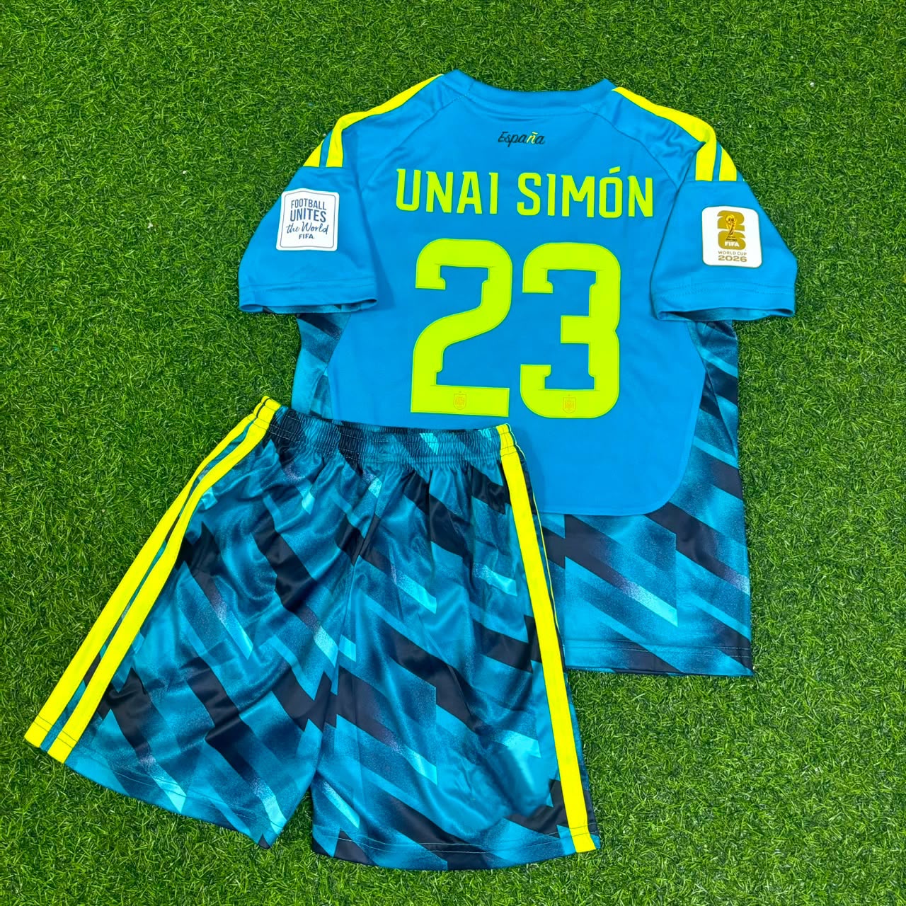 Spain World Cup 2026 Unai Simon Goalkeeper Kids Blue Special Football Jersey
