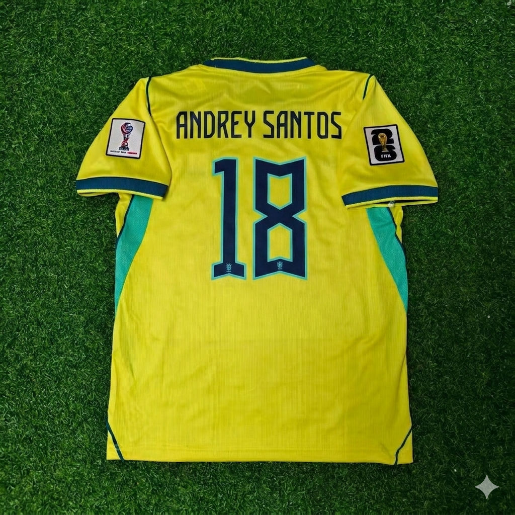 Brazil National Team World Cup 2026 Andrey Santos Home Yellow Football Soccer Kit Jersey