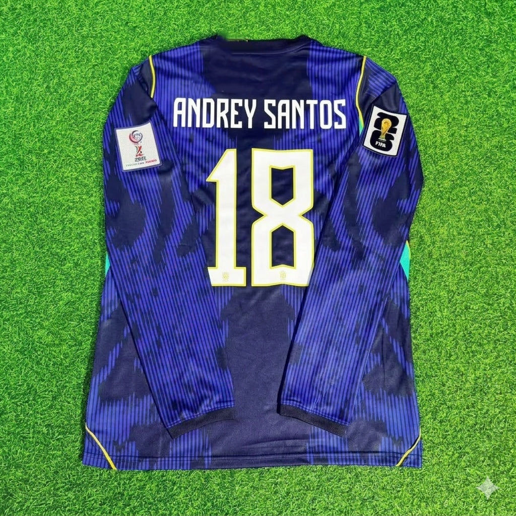 Brazil National Team World Cup 2026 Andrey Santos # Long Sleeve Away Blue Football Soccer Kit Jersey
