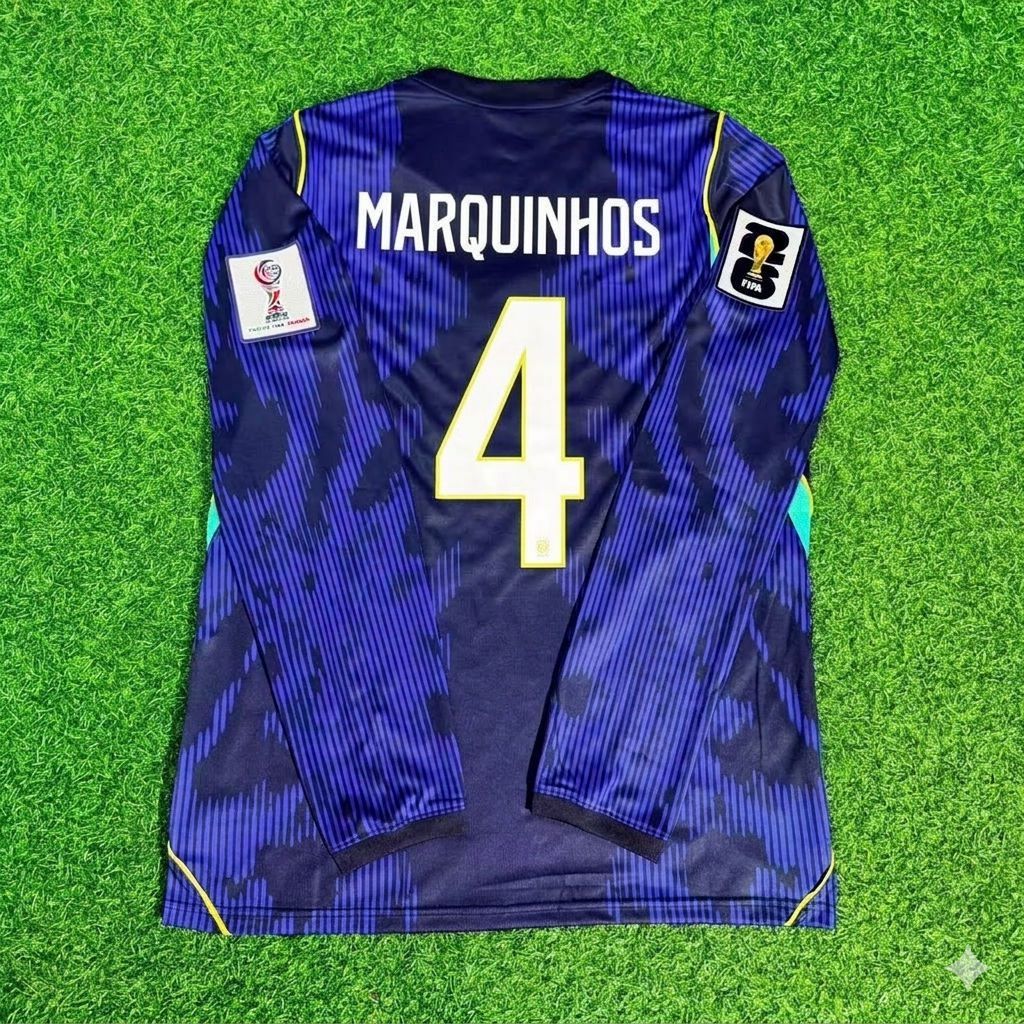 Brazil National Team World Cup 2026 Marquinhos # Long Sleeve Away Blue Football Soccer Kit Jersey