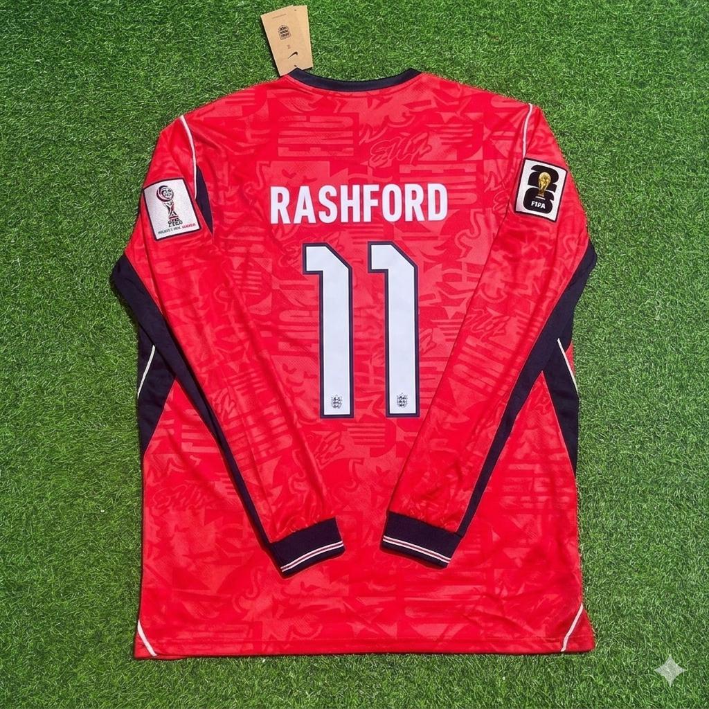 England National Team World Cup 2026 Marcus Rashford Long Sleeve Away Red Football Soccer Kit Jersey