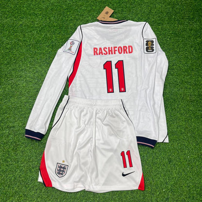 England National Team World Cup 2026 Marcus Rashford Long Sleeve Children White Football Soccer Kit Jersey