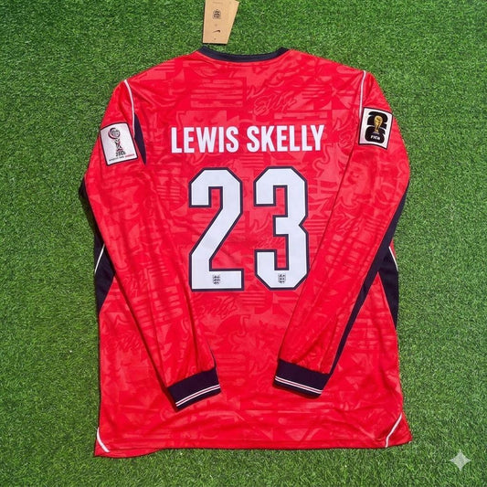 England National Team World Cup 2026 Myles Lewis Skelly Long Sleeve Away Red Football Soccer Kit Jersey