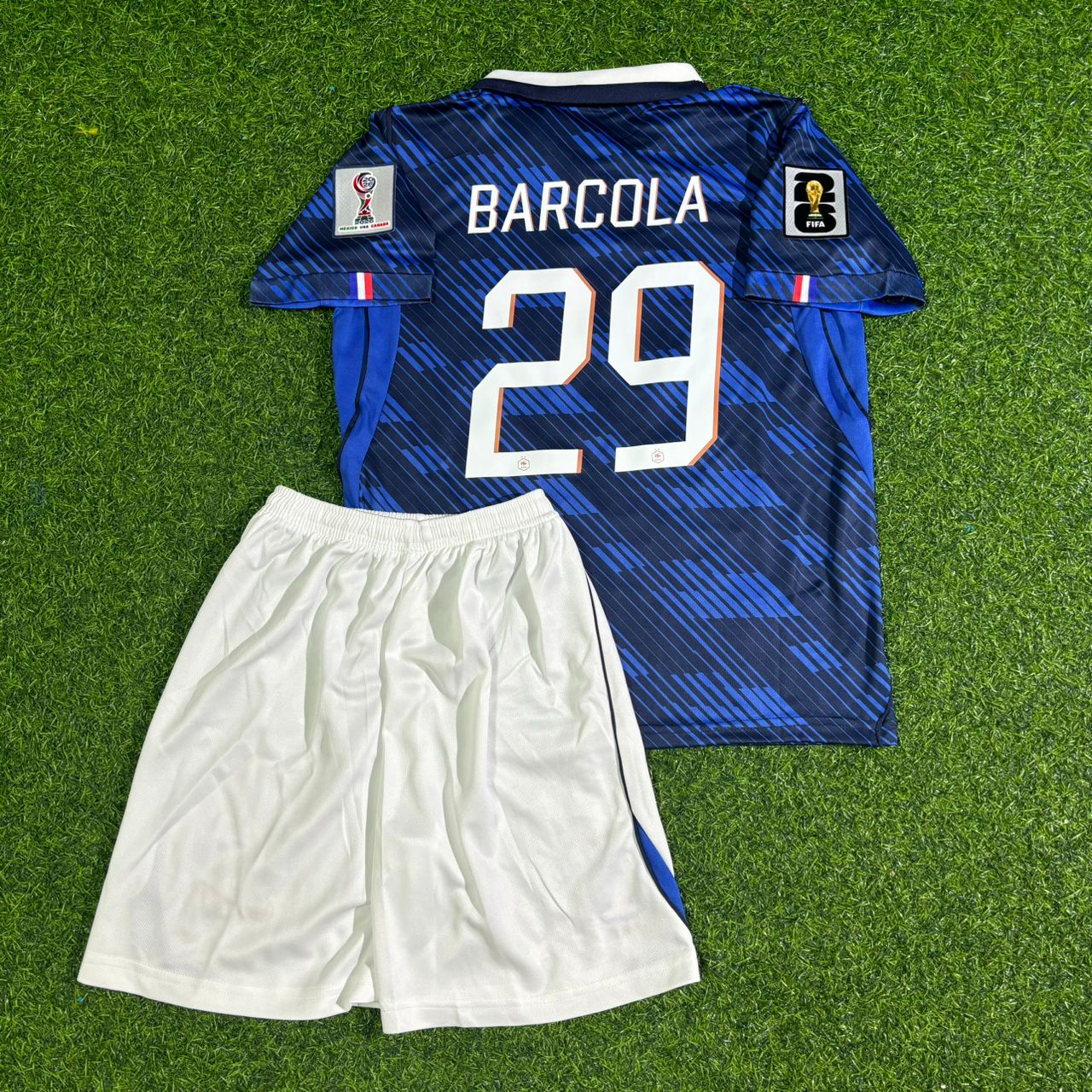 France National Team World Cup 2026 Bradley Barcola Children Blue Football Soccer Kit Jersey