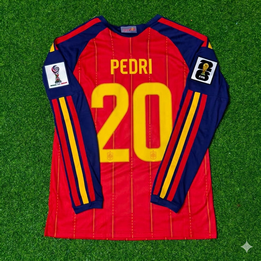 Spain National Team World Cup 2026 Pedri Long Sleeve Home Football Soccer Kit Jersey