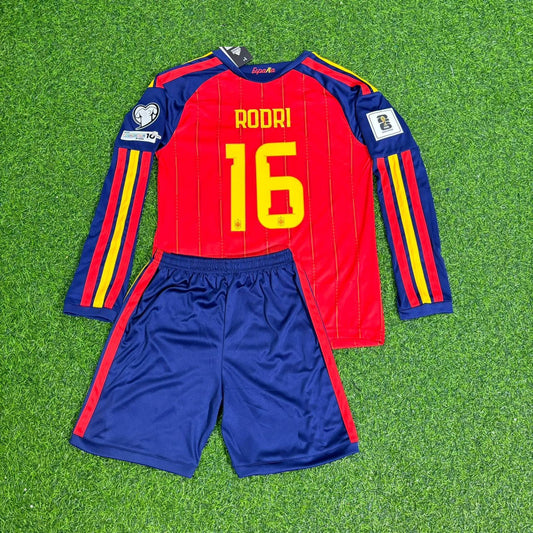 Spain National Team World Cup 2026 Rodri Long Sleeve Children Home Football Soccer Kit Jersey