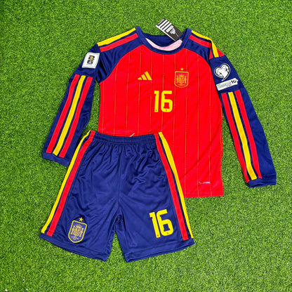 Spain National Team World Cup 2026 Rodri Long Sleeve Children Home Football Soccer Kit Jersey