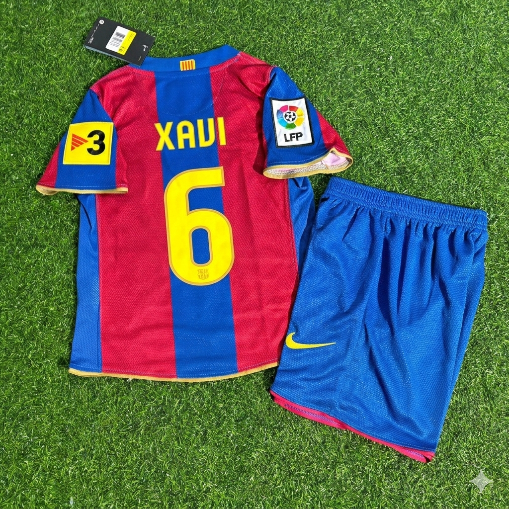 Xavi 6- Barcelona 2007/2008 Retro Kids Football Jersey Kit