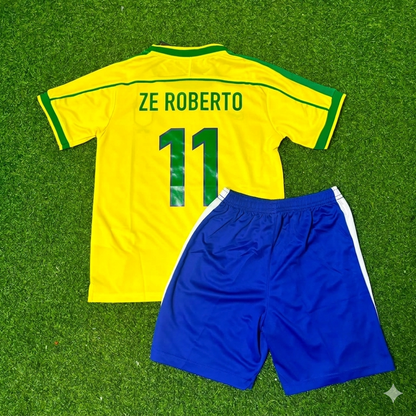 Brazil World Cup 2002 Zé Roberto #11 Retro Kids Soccer Football Jersey Kit Kinder
