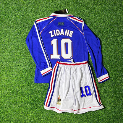 France World Cup 1998 Zinedine Zidane Retro Long Sleeve Kids Football Jersey Kit